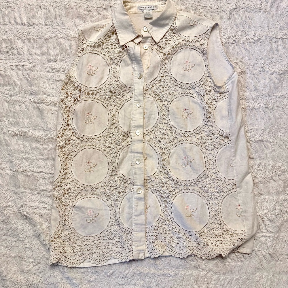Vintage large the limiter Cream Sleeveless Doily embroidered  Linen Cotton Top